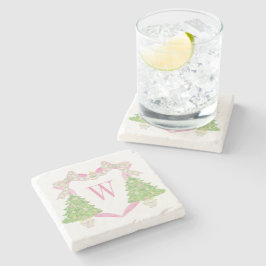 Vapensköld för vattenfärgen Rosa Julgran Monogram Stenunderlägg