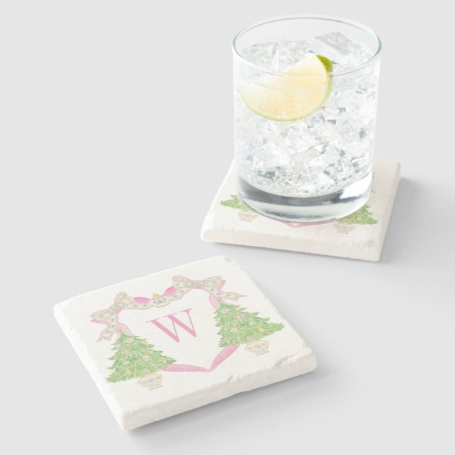 Vapensköld för vattenfärgen Rosa Julgran Monogram Stenunderlägg (Sidan)