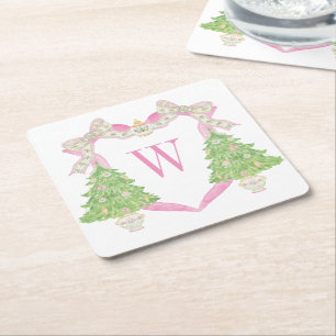 Vapensköld för vattenfärgen Rosa Julgran Monogram Underlägg Papper Kvadrat