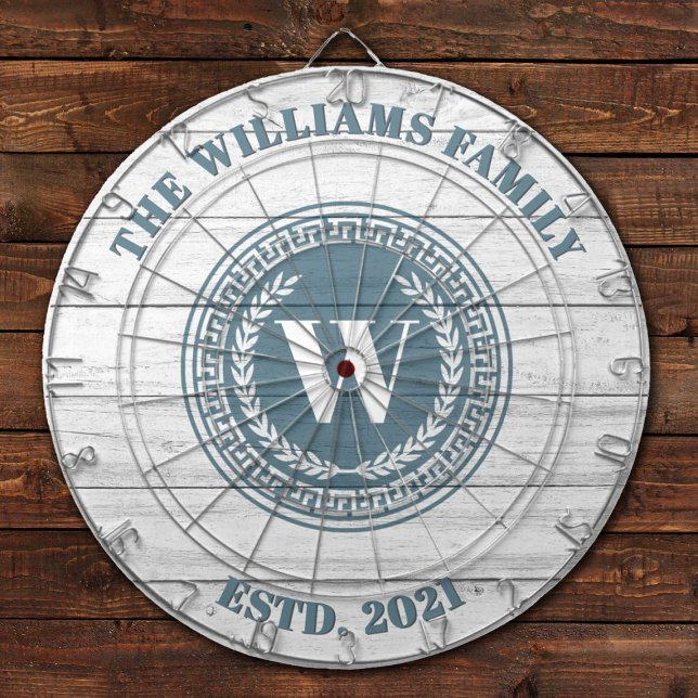 Vapensköld för Vintagen i Monogram Family Namn Darttavla (A rustic wood textured dartboard with family name, monogram and established date)