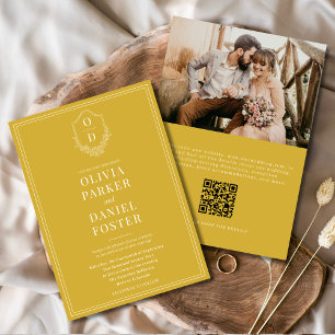 Vapensköld Guld Champagne QR-kod Foto Bröllop Inbjudningar