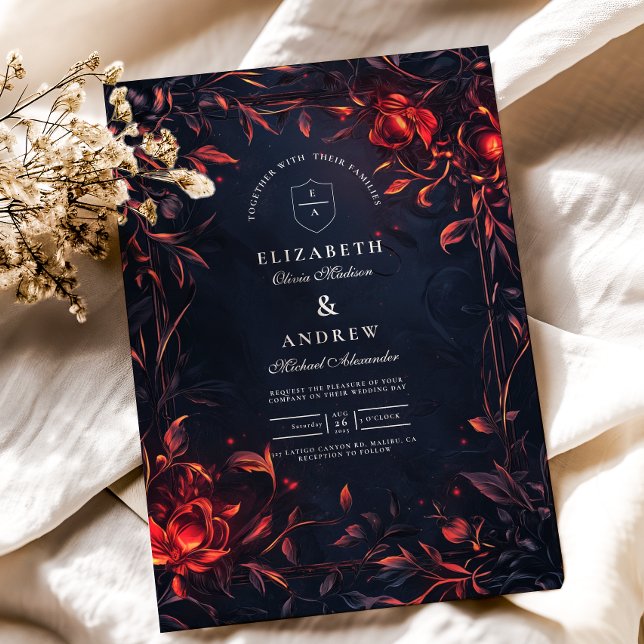 Vapensköld Monogram Art nouveau Blommigt Bröllop Inbjudningar (Skapare uppladdad)