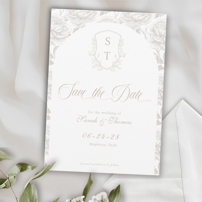 Vapensköld Monogram Blek Taupe-skript Spara Datumet (Crest Save The Date Formal Card pale taupe, beige,  cream)