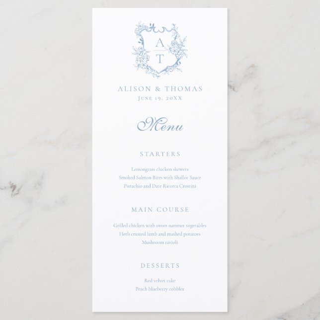 Vapensköld Monogram Dusty Blue Bröllop Meny (Framsida)