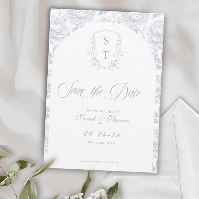 Vapensköld Monogram Dusty Blue Script Spara Datumet (Crest Save The Date Formal Card dusty blue)