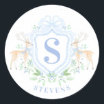 Vapensköld Monogram för Hjort vid hungerstrejk Runt Klistermärke<br><div class="desc">Juldekalen har en renare vapensköld med en blå monogram inledning. Du kan anpassa dig med din ursprungliga version.</div>