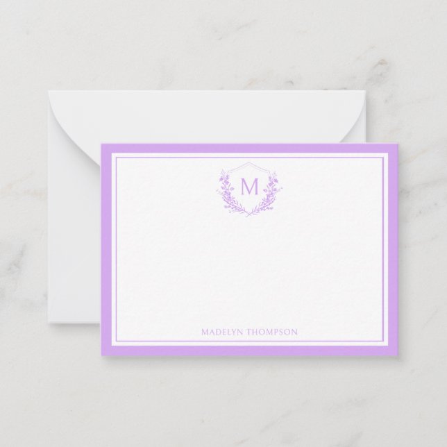 Vapensköld Monogram för Lavender Dubbla Gräns Blom Anteckningskort (Framsida)