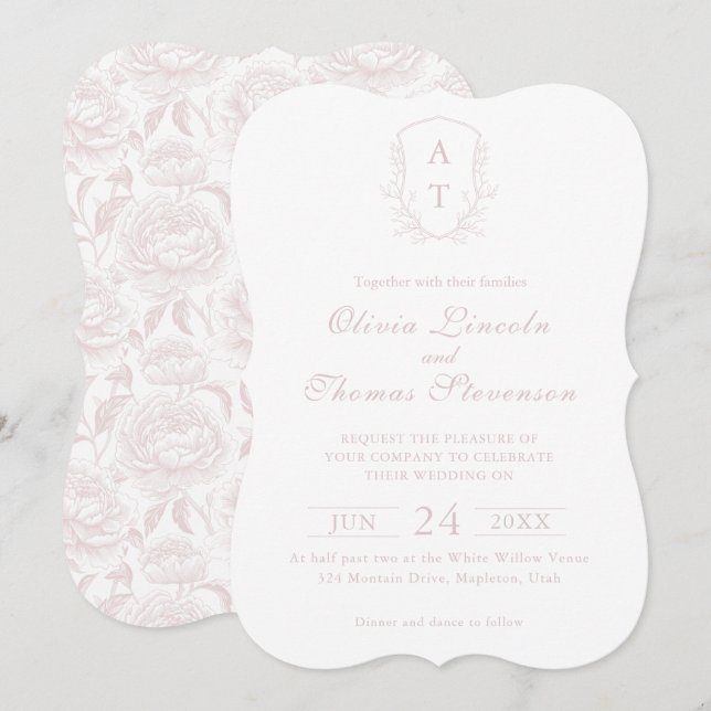 Vapensköld Monogram inbjudan till  Rosa bröllop (Fram/baksida)