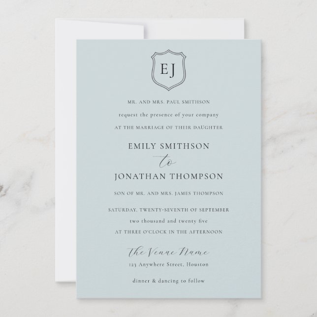 Vapensköld Monogram Initialer Dusty Blue Formal Br Inbjudningar (Framsida)