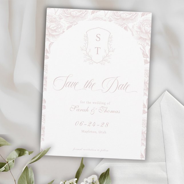 Vapensköld Monogram  Rosa-skript Spara Datumet (Crest Save The Date Formal Card blush pink. Wedding classic and timeless)