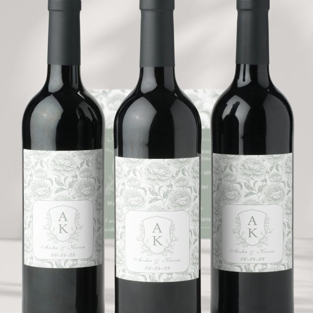 Vapensköld Monogram Sage Grönt Bröllop Vinflaska Etikett (Skapare uppladdad)