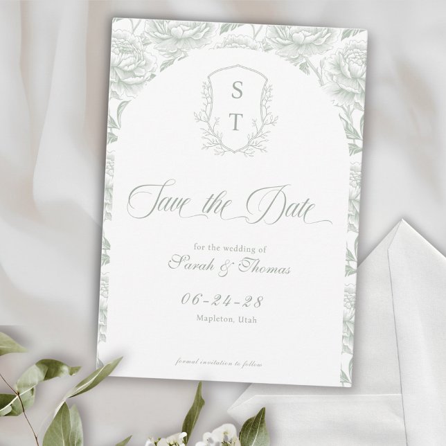 Vapensköld Monogram Sage Grönt Script Spara Datumet (Crest Save The Date Formal Card sage green)