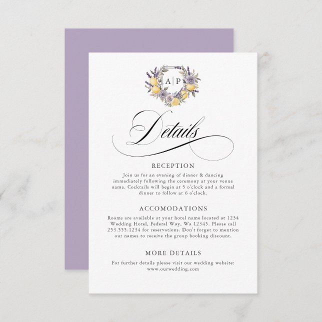 Vapensköld om Lavender Lemon Monogram Blommigt  Tilläggskort (Fram/baksida)