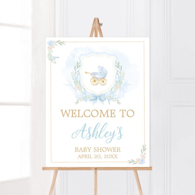 Vapenskölden Baby Watercolor Baby Shower Välkommen Poster (Blue Gold Carriage Crest Baby Shower Welcome Sign)