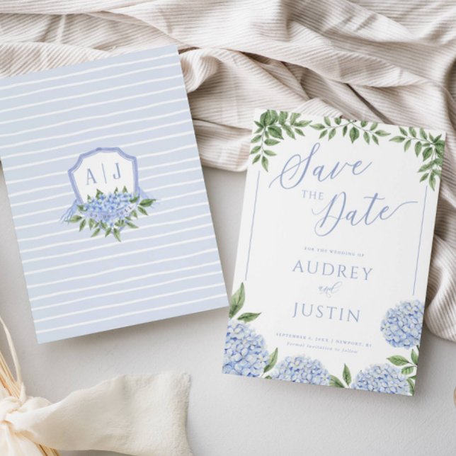 Vapenskölden Blue Hydrangea Flowers Spara datum Inbjudningar (Skapare uppladdad)