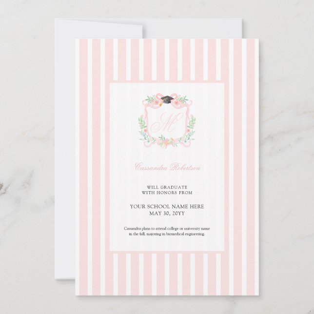 Vapenskölden Coquette Ribbon Studenten Monogram Inbjudningar (Baksida)