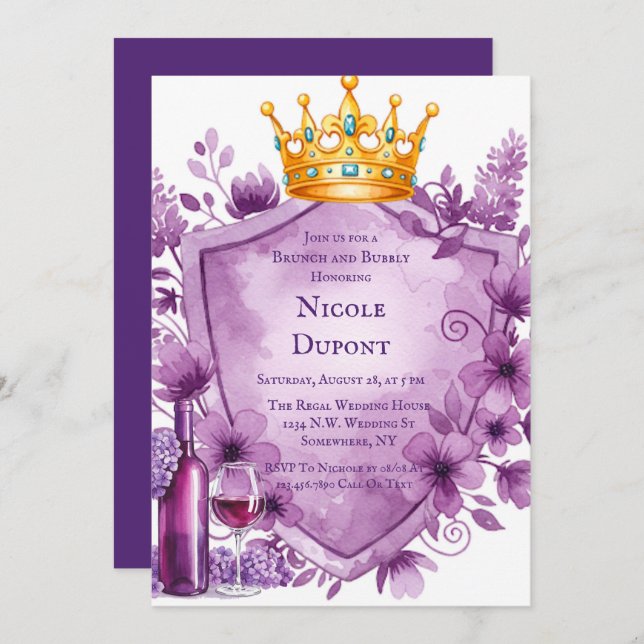 Vapenskölden för Blommigt av Lila Bachelorette Inbjudningar (Fram/baksida)