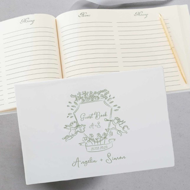 Vapenskölden Gäst i Hand plockade Grönt Bok (sage green vintage crest wedding guest book features hand drawn cherub illustration )