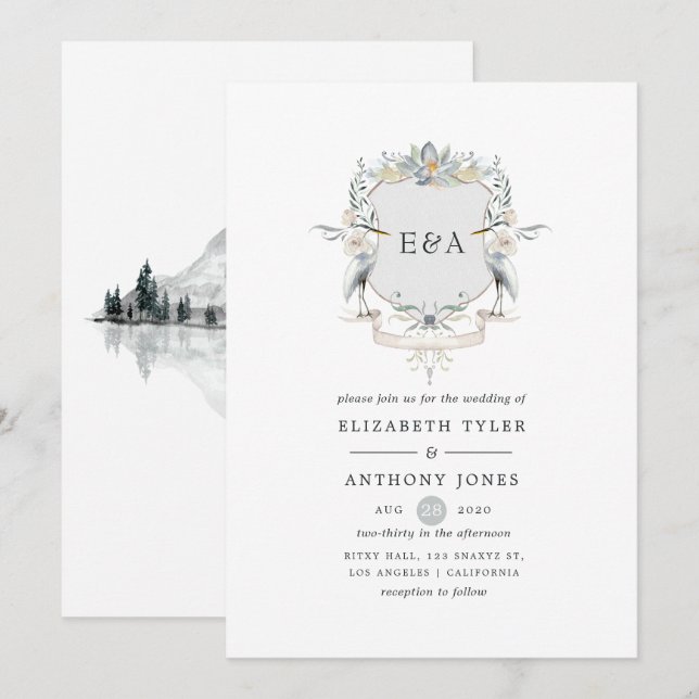 Vapenskölden Lakeside Bröllop Monogram Inbjudningar (Fram/baksida)