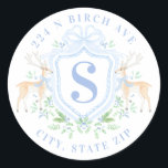 Vapenskölden Monogram Adress, farmenium Hjort Runt Klistermärke<br><div class="desc">Juldekalen har en renare vapensköld med en blå monogram inledning. Du kan anpassa dig med ditt första och adress.</div>