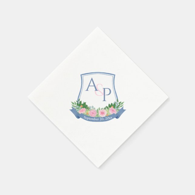Vapenskölden Monogram Navy Blue Rosa ros Bröllop Pappersservett (Hörn)