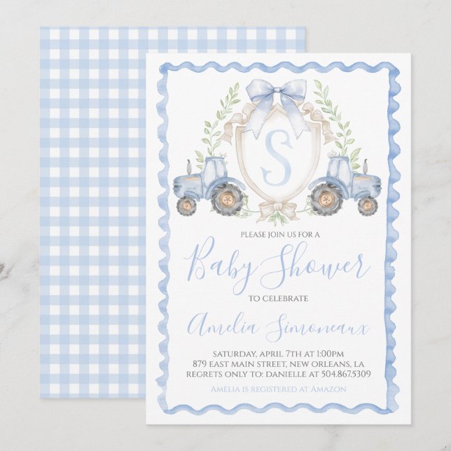 Vapenskölden Pojke Blue Tractor Shower Monogram Inbjudningar (Fram/baksida)