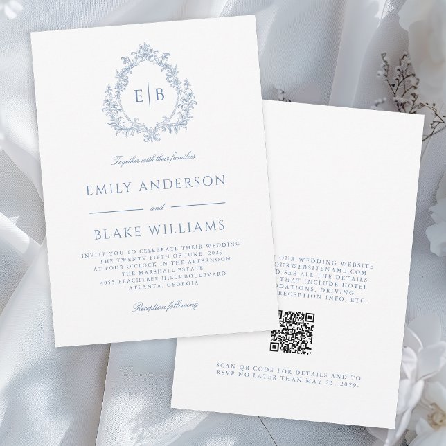 Vapenskölden QR-Elegant Formell Dusty Blue Bröllop Inbjudningar (Available in both printed and instant download digital formats.)
