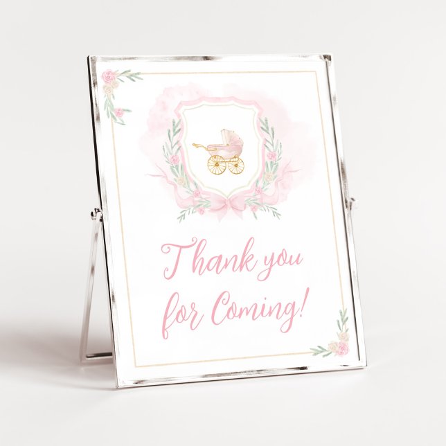 Vapenskölden rosa vattenfärg Tack för att du kom Poster (Pink Gold Carriage Crest Baby Shower Thank you for Coming Sign)