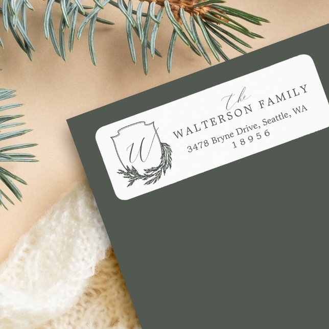 Vapenskölden Winter Garland Calligraphy Script Mon Returadress Etikett (Winter Garland Calligraphy Script Monogram Crest Label)