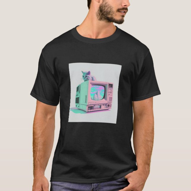 Vaperwave Aesthetic Glitch Cat Retrowave Synthwave T Shirt (Framsida)