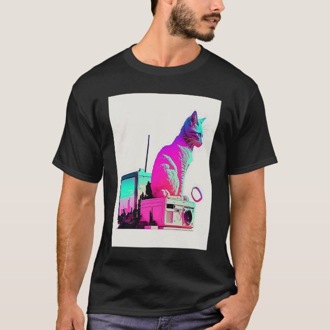 Vaperwave Aesthetic Glitch Cat Retrowave Synthwave T Shirt (Framsida)