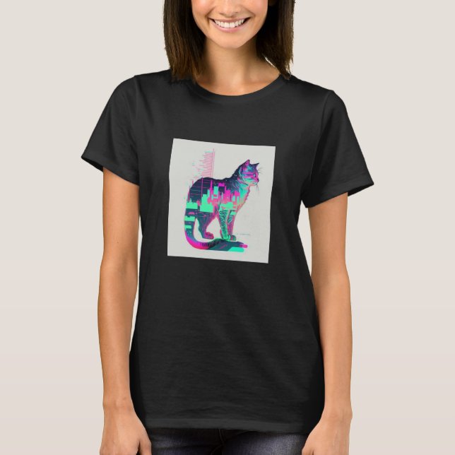 Vaperwave Aesthetic Glitch Cat Retrowave Synthwave T Shirt (Framsida)