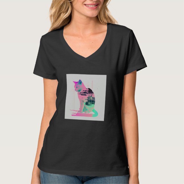 Vaperwave Aesthetic Glitch Cat Retrowave Synthwave T Shirt (Framsida)