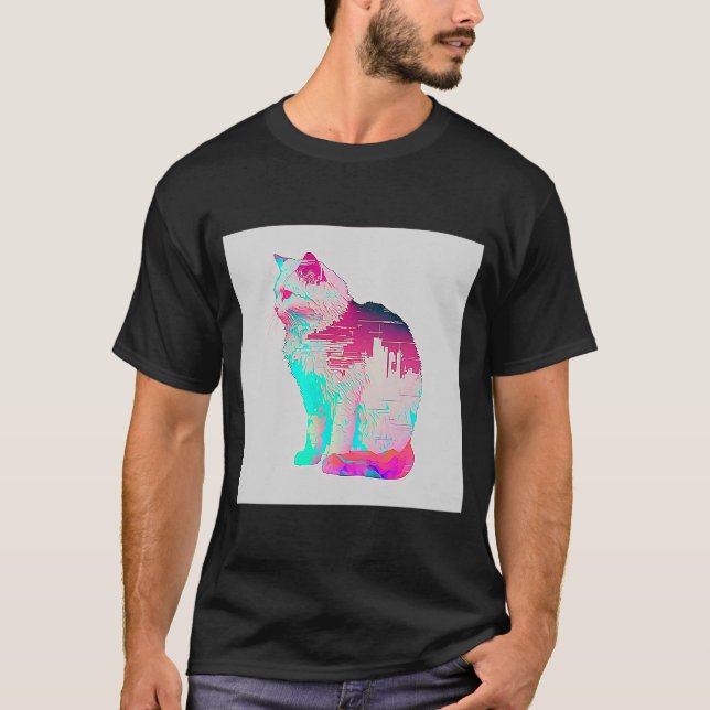 Vaperwave Aesthetic Glitch Cat Retrowave Synthwave T Shirt (Framsida)