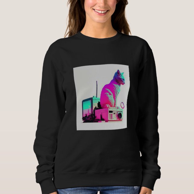 Vaperwave Aesthetic Glitch Cat Retrowave Synthwave T Shirt (Framsida)