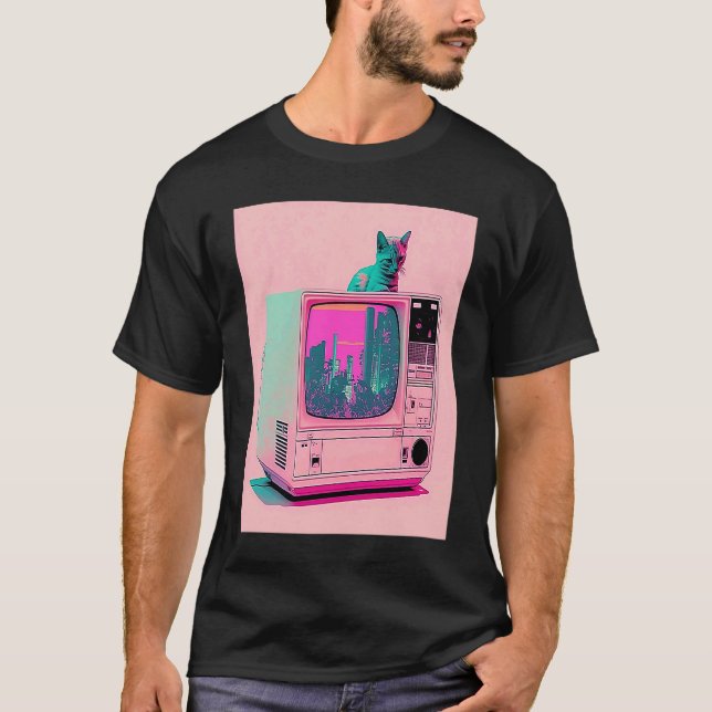 Vaperwave Aesthetic Glitch Cat Retrowave Synthwave T Shirt (Framsida)