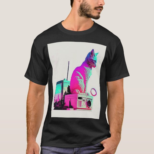 Vaperwave Aesthetic Glitch Cat Retrowave Synthwave T Shirt (Framsida)