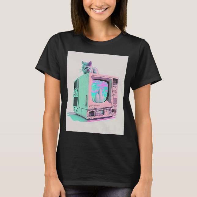 Vaperwave Aesthetic Glitch Cat Retrowave Synthwave T Shirt (Framsida)