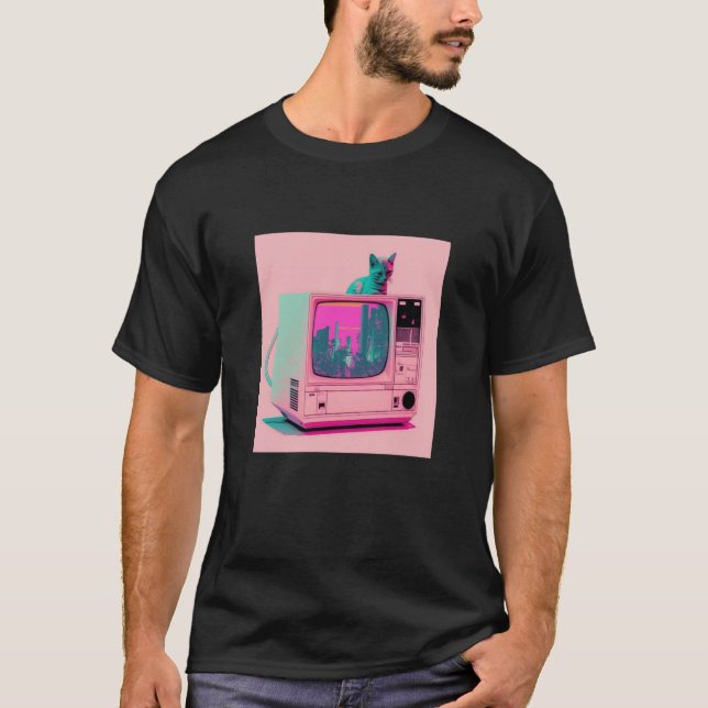 Vaperwave Aesthetic Glitch Cat Retrowave Synthwave T Shirt (Framsida)