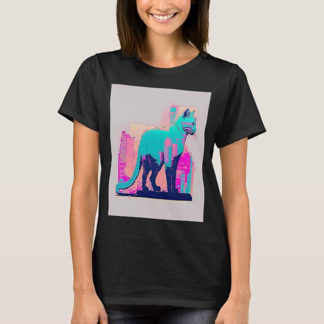 Vaperwave Aesthetic Glitch Cat Retrowave Synthwave T Shirt (Framsida)