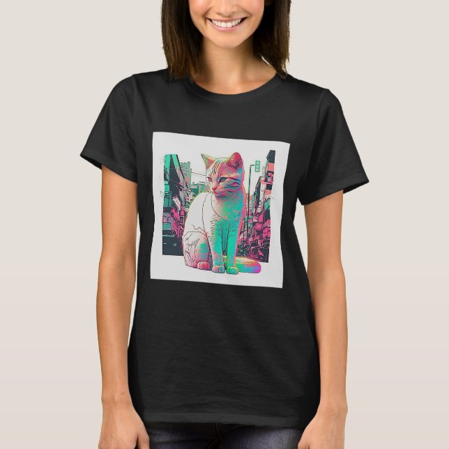 Vaperwave Aesthetic Glitch Cat Retrowave Synthwave T Shirt (Framsida)