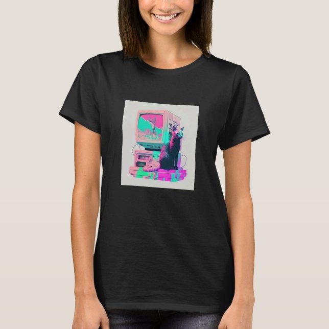 Vaperwave Aesthetic Glitch Cat Retrowave Synthwave T Shirt (Framsida)