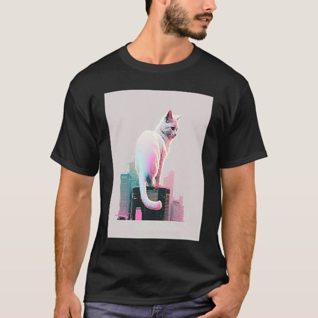 Vaperwave Aesthetic Glitch Cat Retrowave Synthwave T Shirt (Framsida)