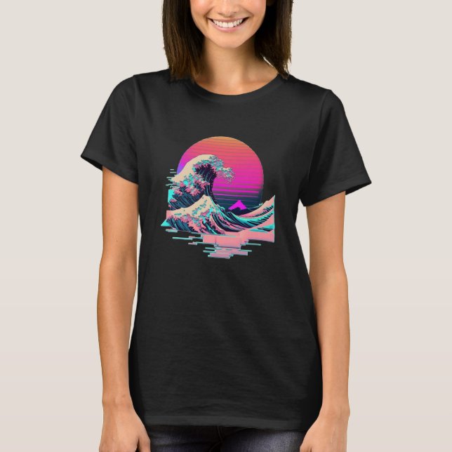 Vaperwave Aesthetic Glitch Great Wave Retrowave Sy T Shirt (Framsida)