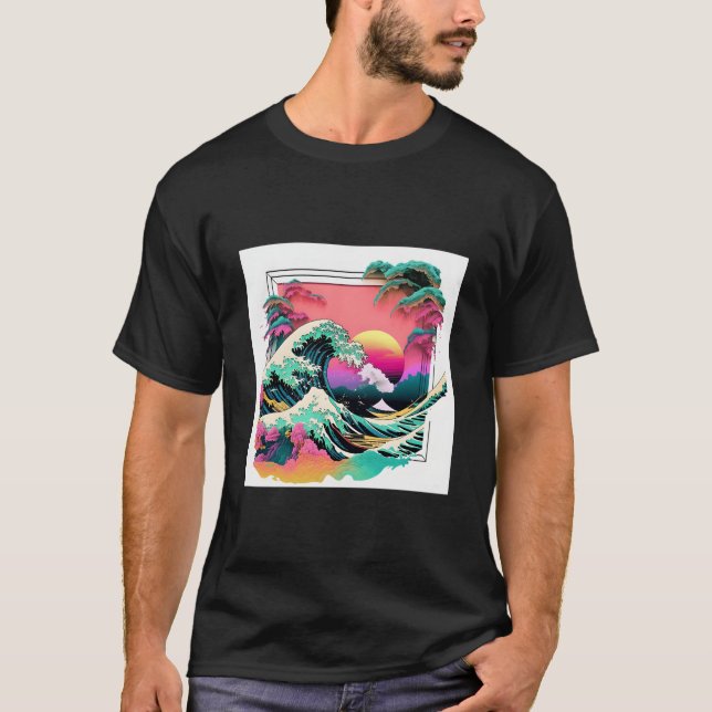Vaperwave Aesthetic Glitch Great Wave Wave Synthwa T Shirt (Framsida)