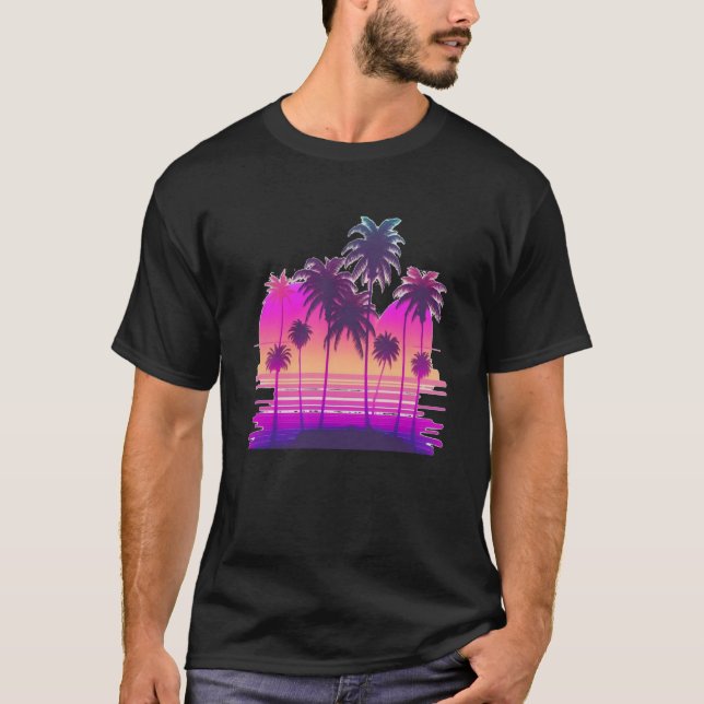 Vaperwave Aesthetic Glitch Palm Retrowave Synthwav T Shirt (Framsida)
