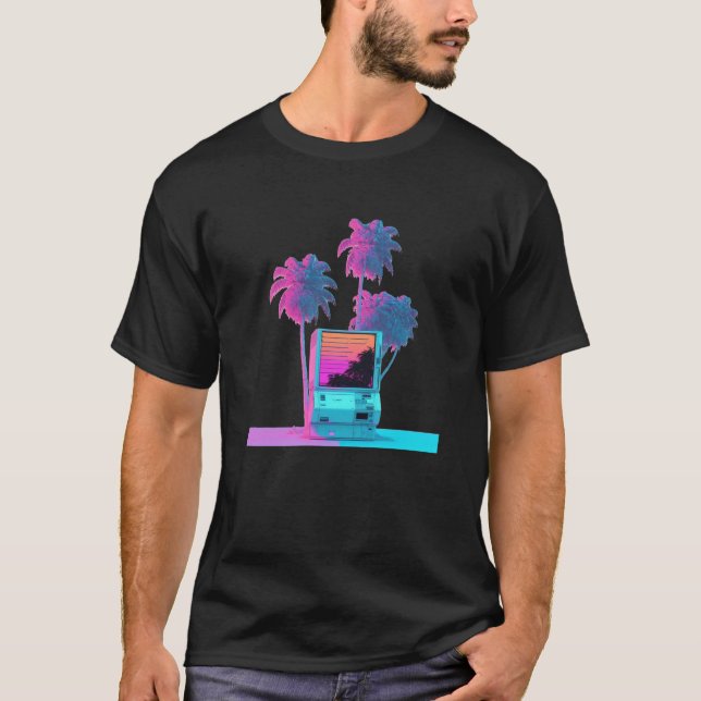 Vaperwave Aesthetic Glitch Palm Tree Retrowave Syn T Shirt (Framsida)