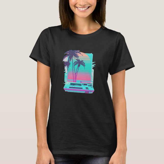 Vaperwave Aesthetic Glitch Palm Tree Retrowave Syn T Shirt (Framsida)