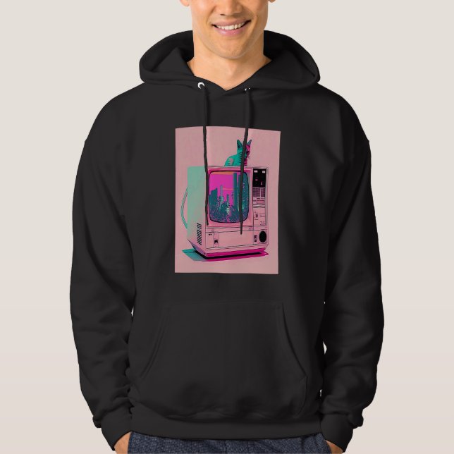 Vaperwave Estetisk Glitch Katt Retrowave Synthwave Hoodie (Framsida)