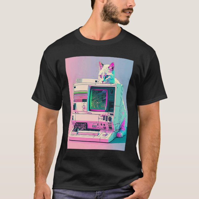 Vaperwave Estetisk Glitch Katt Retrowave Synthwave T Shirt (Framsida)